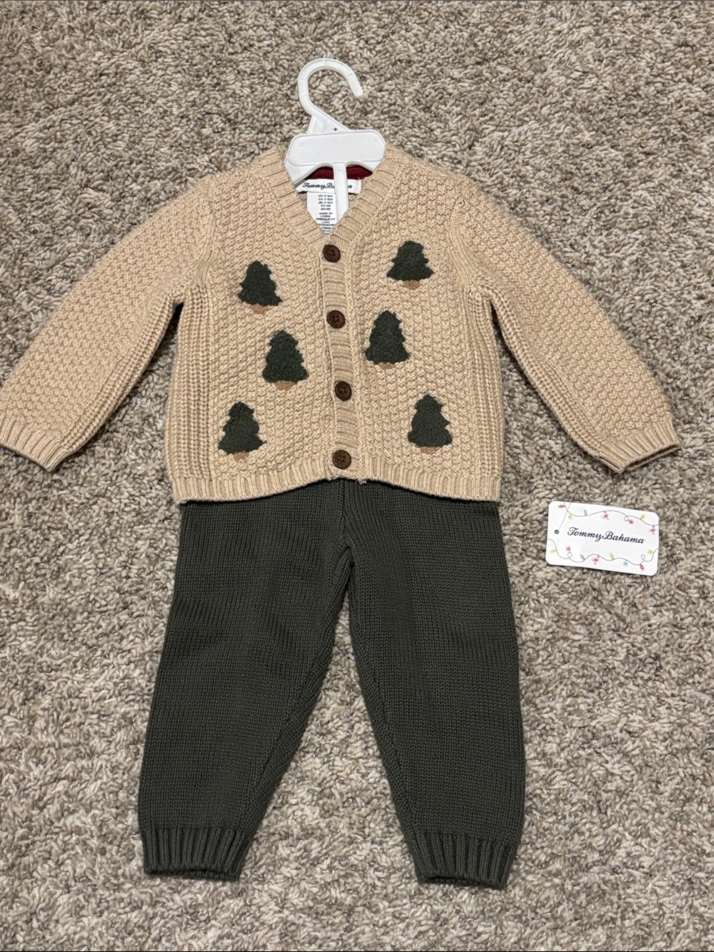 NWT Tommy Bahama Beige Cardigan with Green Tree Appliqués and Knit Pants 3-6 mos